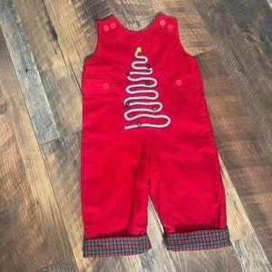 Adorable, handmade red corduroy with plaid lining Christmas overalls